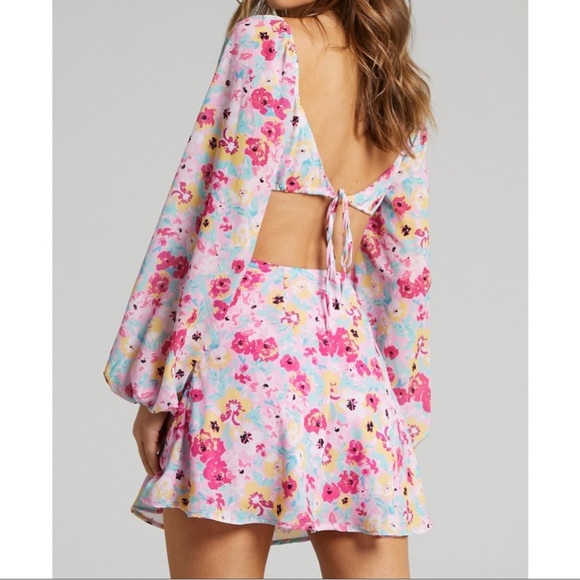 Showpo Frederica Tie Back Long Sleeve Mini Dress in Pink Panther | Size - US 2 - Picture 2 of 7